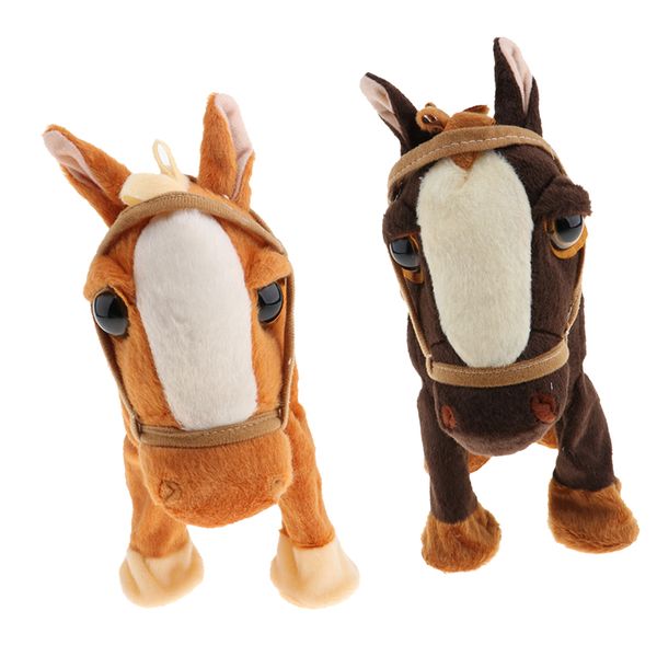 

2 pieces electric walking and singing horse pony toy on a leash, orange + brown