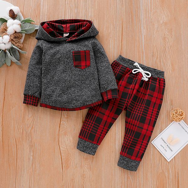 

winter kids clothes boys cotton full sleeve plaid hooded pullover pants fashion boutique kids clothing roupa infantil, White