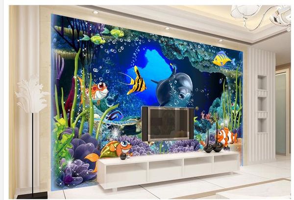 

современной гостиной обои 3d подводный мир дельфинов тв фоне стены декоративной живописи