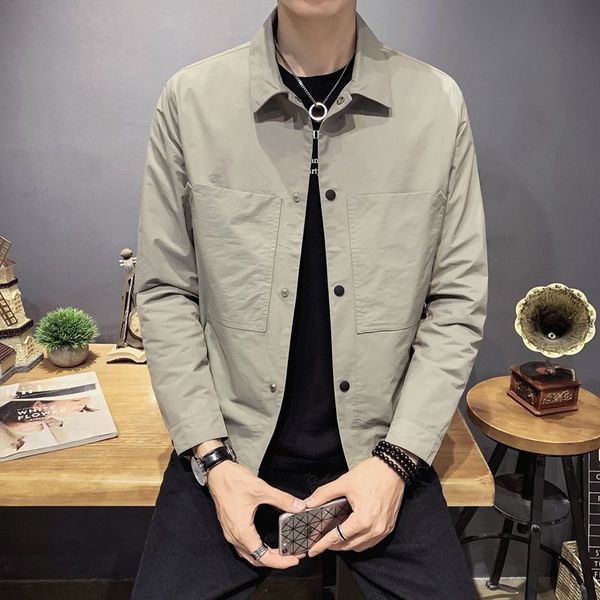 

men's jackets 2021 spring and autumn youth solid lapel single breasted jacket fashion casual multi pocket black / gray white, Black;brown