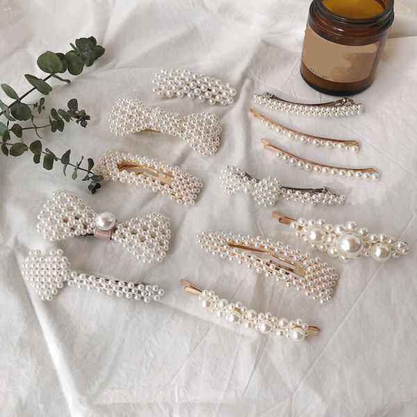 

aomu korea fashion imitiation pearl hairclip geometric rectangle waterdrop hairpin for women bowknot hair accessories barrettes, Golden;white