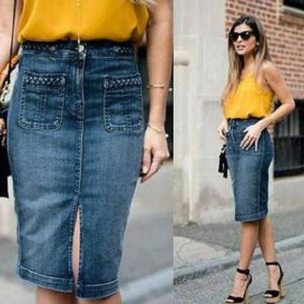 

jaycosin джинсовые юбки длиной до колен плюс размер джинсовая юбка карандаш повседневная высокая талия сплит синие джинсы юбки falda vaquera, Black