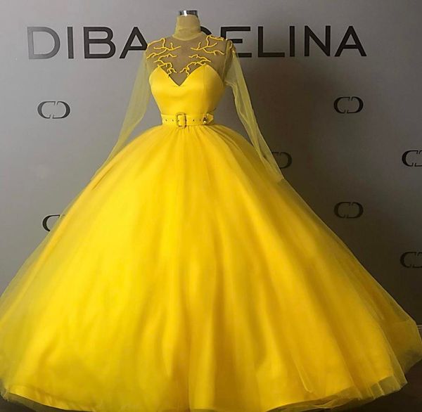 2020 Moderne gelbe Quinceanera-Kleider mit Stehkragen, Ballkleider, Schärpen, Perlen, Illusion, lange Ärmel, süßes 16-Mädchen-Kleid, Vestidos de Novia