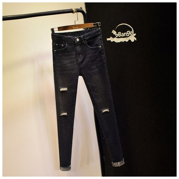 

black han edition affixed cloth patch false hole jeans new female tall waist elastic thin tight foot trousers, Blue