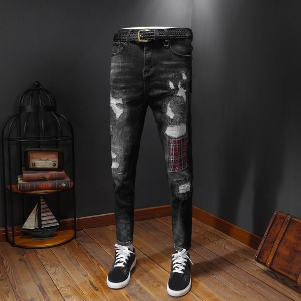 

2019 new jeans men's distressed ripped tight pants luxury clothes slim motorcycle moto biker hip hop ripped tight men's jeans a227, Blue