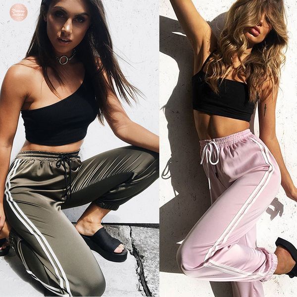 

fashion trouser high side pants striped women loose drawstring elastic high waist slim pencil casual long, Black;white