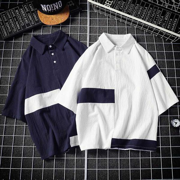 

fashion men's shirt summer patchwork short sleeve button washable cotton basic casual shirts new harujuku shirts, White;black