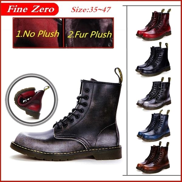 

size 35~47 cowhide leather warm fur doc boots winter autumn shoes men's motorcycle ankle snow boots couple oxfords boots, Black