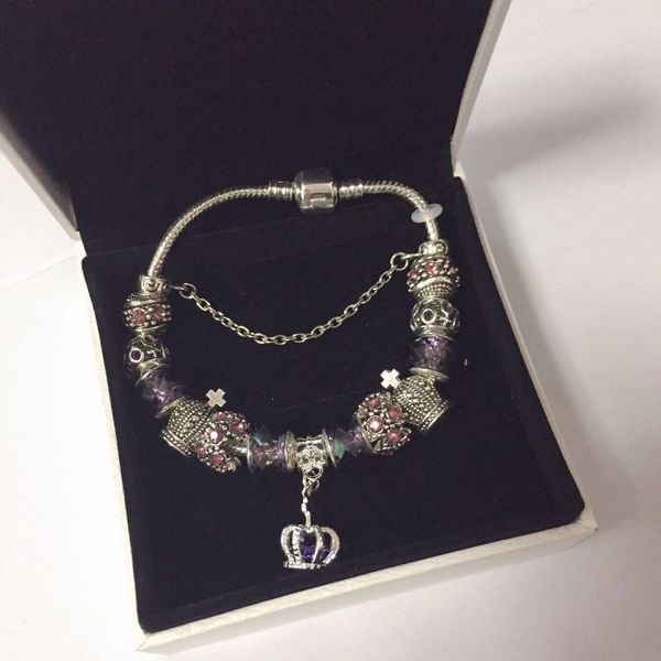 

16 17 18 19 20 21cm charm bracelet 925 silver plated bracelets royal crown accessories purple crystal bead different color diy wedding jewel, Golden;silver