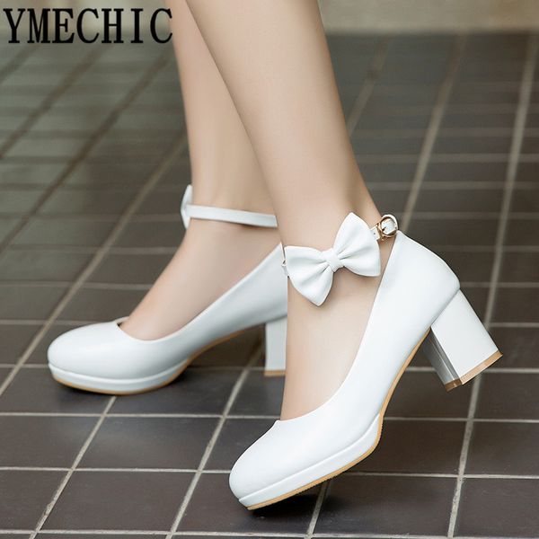 

ymechic 2019 white wedding bride bowtie women shoes high heel pumps black beige ladies mary jane shoes large size block heels