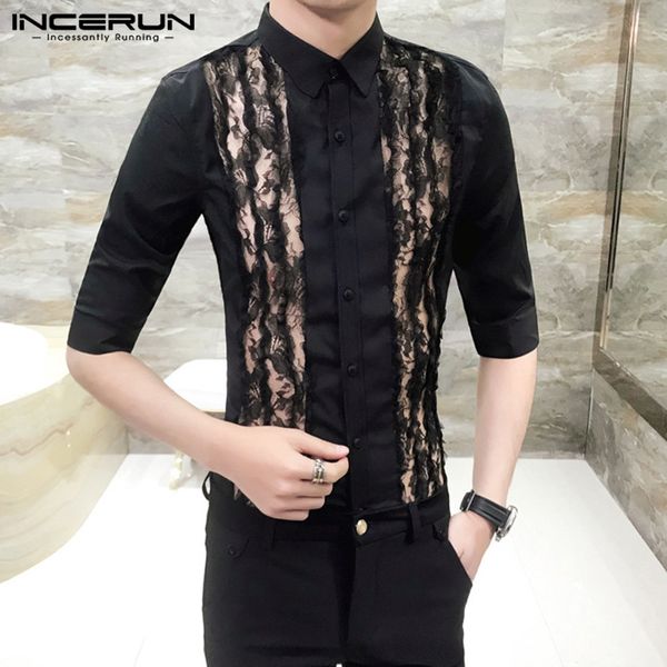 

incerun men lace patchwork dress shirt men fashion korean half sleeve lapel shirts fashion nightclub party slim camisa 5xl, White;black