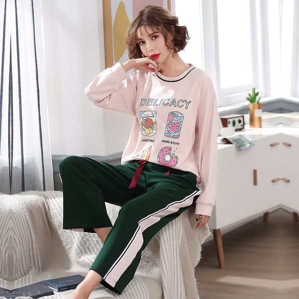 

woman pajamas sets autumn cotton long sleeved pajamas sets women striped sweet girl sleepwear cartoon loungewear pyjama, Blue;gray