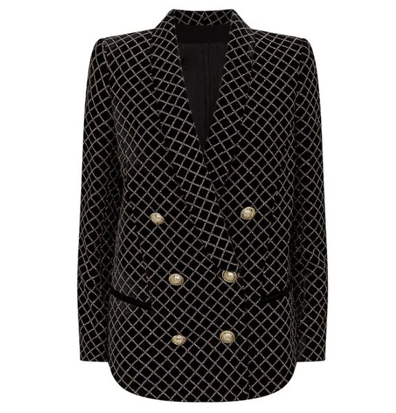

new style personality original design women's double-breasted velvet blazer shiny gold powder grid metal buckles coat outwearbu21, White;black