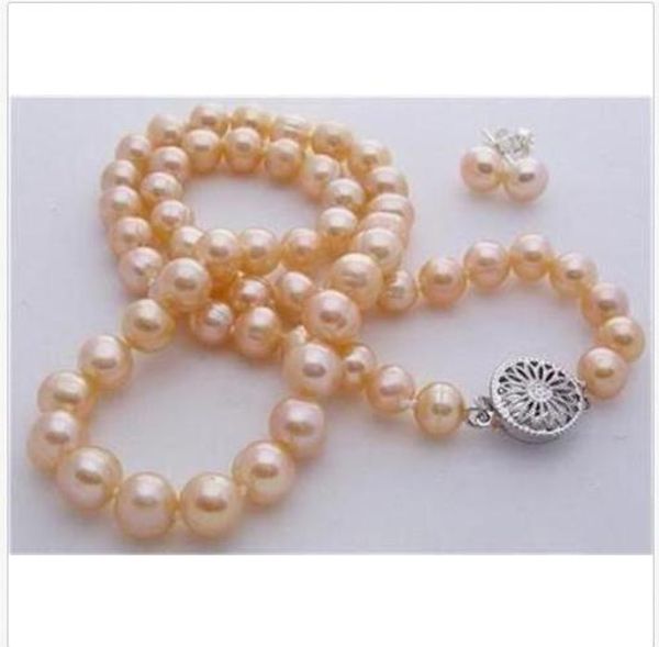 

7-8mm pink akoya cultured pearl necklace earring 18" set yl009, Silver