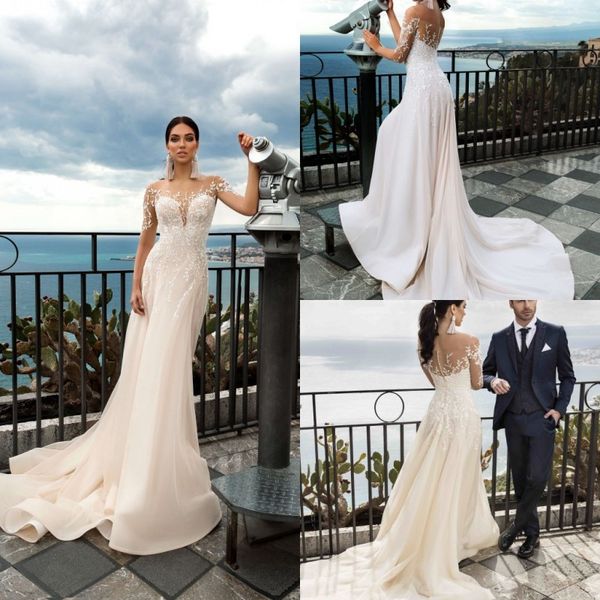 

innocentia divina 2019 свадебные платья illusion с длинным рукавом пляжные свадебные платья sweep train русалка свадебное платье robe de mar, White