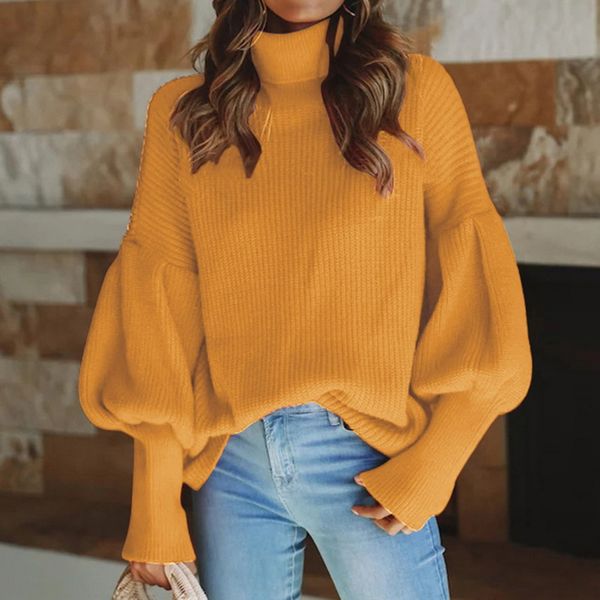 

women fashion solid color turtleneck knit sweater 2019 new autumn winter warm ladies puff sleeves loose slim fit casual pullover, White;black