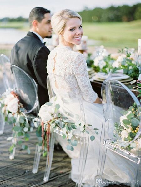 Abiti da sposa modesti in tulle a maniche lunghe 3/4 aperti sul retro Abiti da sposa da sposa da giardino in pizzo con perle vintage in pizzo con scollo a V