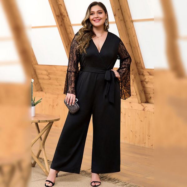 

4xl autumn plus size jumpsuit women 2019 mech sleeve big size romper overall large casual female elegant jumpsuit, Black;white
