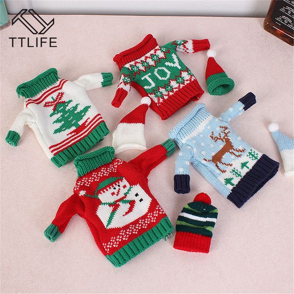 

ttlife 2pcs/set christmas decorations wine bottle sweater cover bag santa claus knitting hats for new year home dinner party