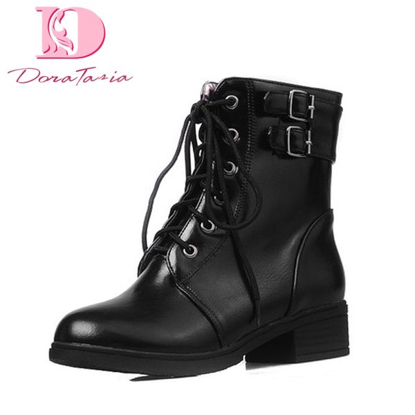 

doratasia 2019 large size 43 motorcycles boots square heel ankle boots woman shoes shoelaces casual shoes women female, Black