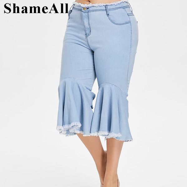 

plus size thin flare leg capris jeans 4xl 5xl summer chi irregular ruffles hem stretch skinny calf length denim pants mom jean, Blue