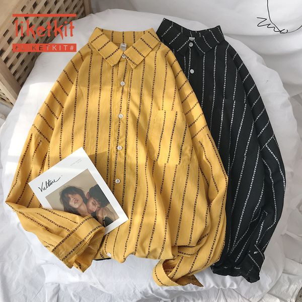 

liketkit men's casual shirts 2019 male letter striped long sleeve shirts man hip hop white loose shirt spring autumn streetwear, White;black