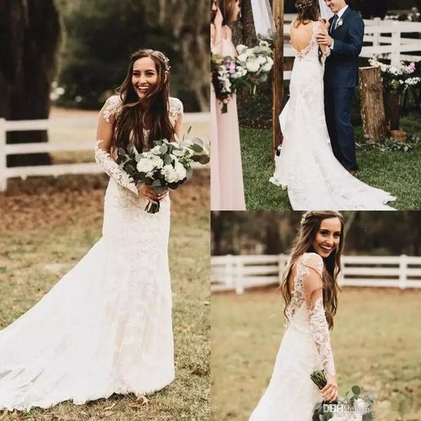 

2020 чешские свадебные платья кружева аппликации сексуальная открытая спина с длинными рукавами русалка свадебные платья на заказ развертки, White