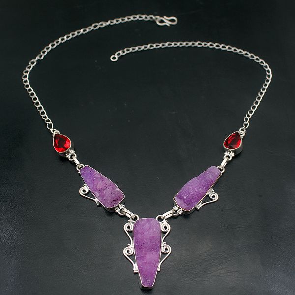 

natural purple druzy red garnet shiny 925 sterling silver pendant necklace women jewelry 19 inch h312