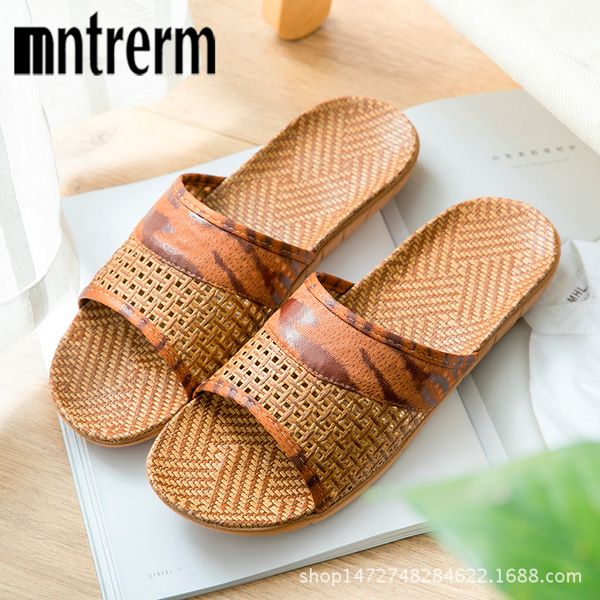 

mntrerm 2020 summer slippers soft flax linen men home indoor shoes natural bamboo rattan cane vine grass weaving casual sandals, Black