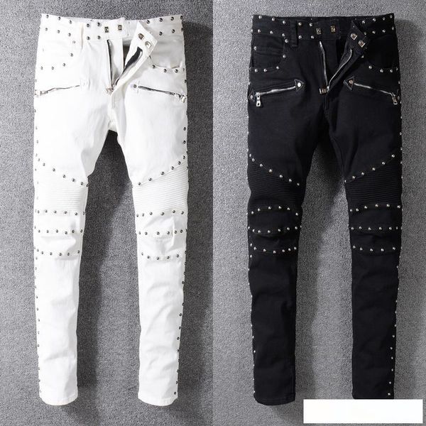 

high street fashion мужские джинсы slim fit rivet украшение punk jeans men срощенной cargo pants ночной клуб байкер homme, Blue