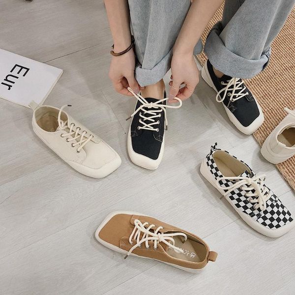 

women flats 2020 spring korean small white shoes lace up leisure street canvas shoes square head student single women, Black