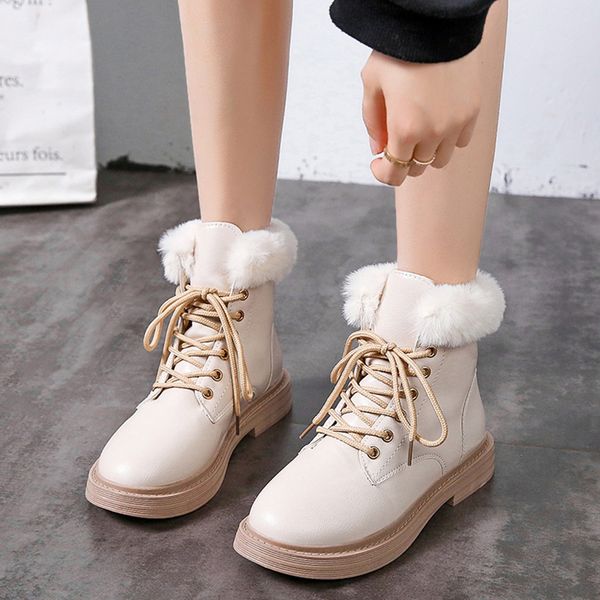 

rimocy 2019 winter thick fur ankel boots for women waterproof flat heel casual shoes woman balck beige pu leather booties mujer, Black