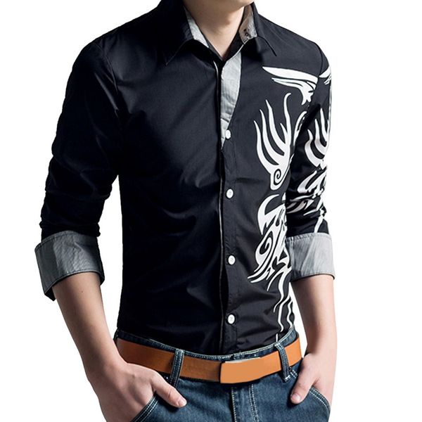 

men's casual shirts laamei long-sleeved dress shirt men dragons printed business social slim fit large size 4xl chemise para home, White;black