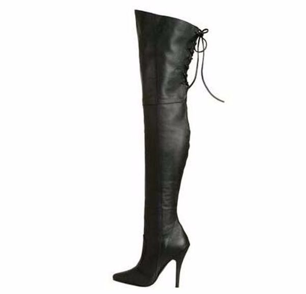 

zapatos mujer boots high heel boots cross-tied over the knee pointed toe women thigh thin leather white, Black
