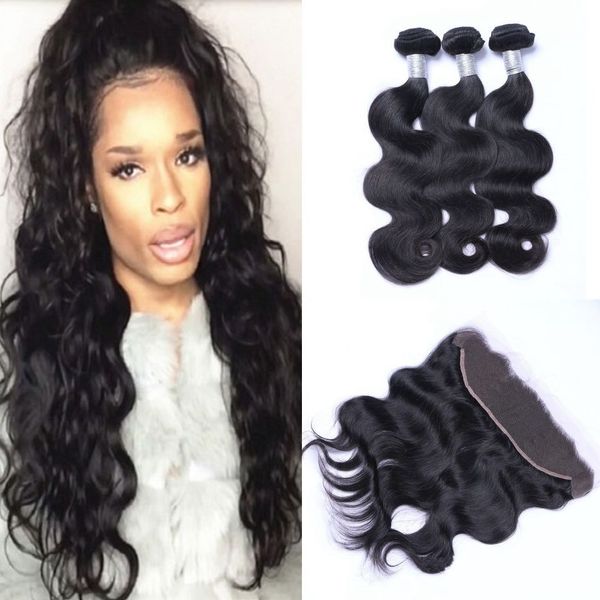 

mongolian virgin hair body wave lace frontal with bundles natural color human hair weave 3 bundles with frontal closure, Black;brown