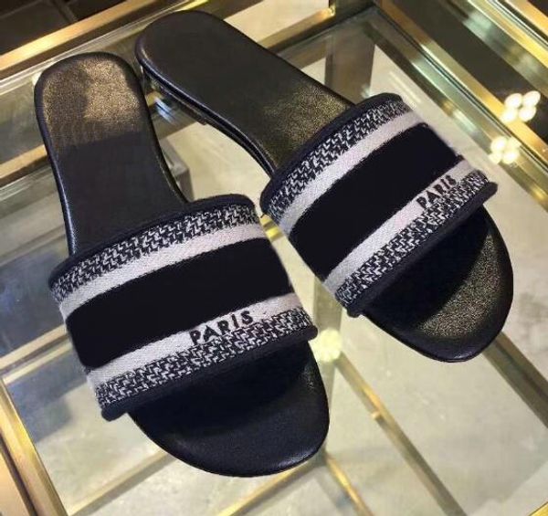 

2019 mule dway en coton brode slide luxury designer women sandals new style fashion womens slipper size 35-41, Black