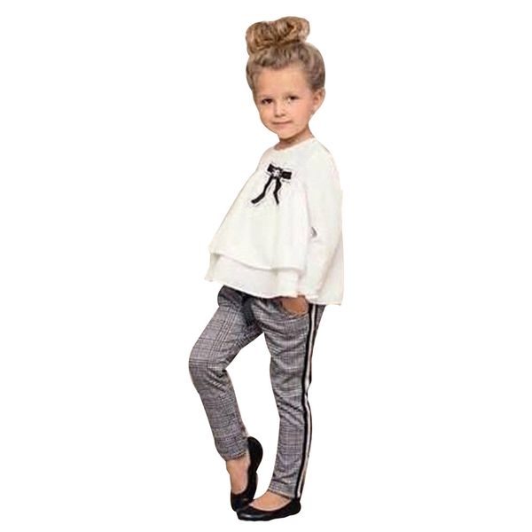

children girls fashion outfit set kids baby girls solid long sleeve ruffle +plaid pants 2pcs outfit sets clothing #y5, White