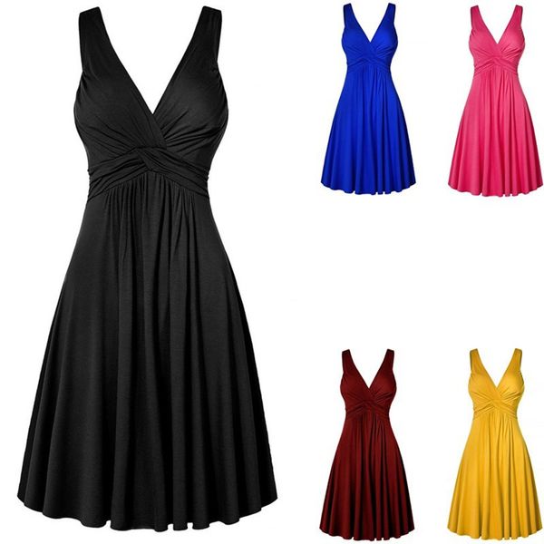 

summer dress 2019 women's plus size v-neck retro sling pleated slim flare dresse for female elegant vestidos robe femme 41, Black;gray