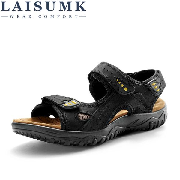 

laisumk genuine outdoor casual driving beach men sandals flat quality summer leather soft sole men shoes, Black