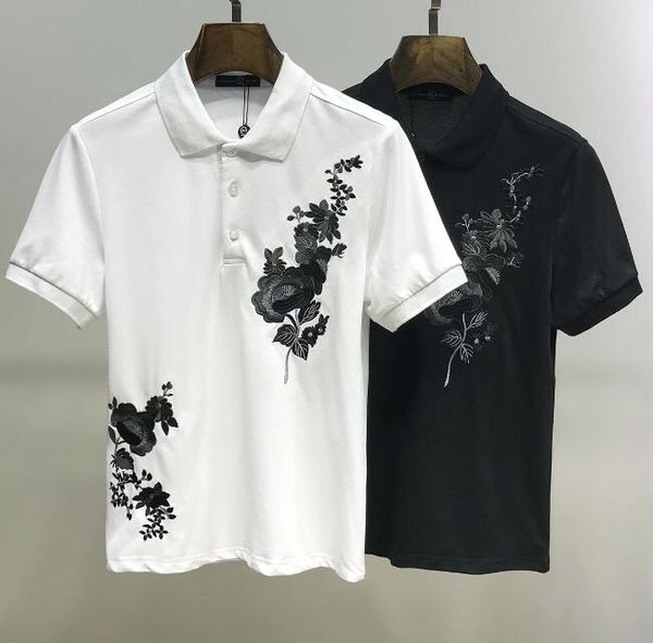 

новое прибытие 2020 марка мужчины мода мужчин короткие поло цветы украшение повседневный camisetas masculinas plus мужчины рубашки поло разм, White;black