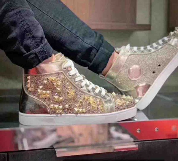 

luxury studs spiked trainers strass sneakers orlato veau velours high sneaker red bottom shoes men's spiked + different strass rhinesto, Black