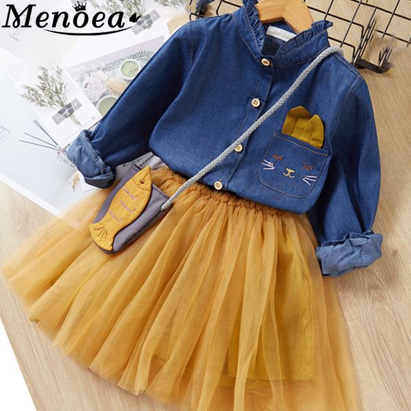 

menoea children clothing suits 2019 autumn fashion style girl cowboy long-sleeve mesh dress design for 3-8y kids girls sets, White