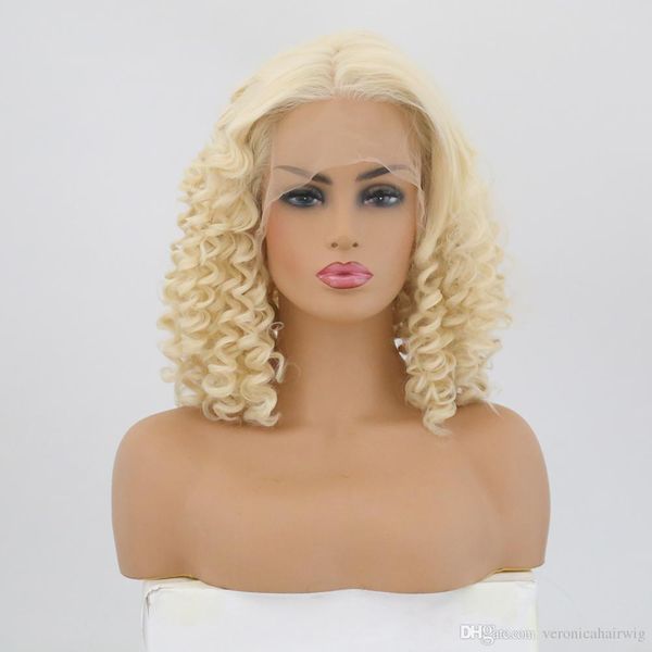 Natural Hairline Short Curly Blonde Hair Color Synthetic Lace