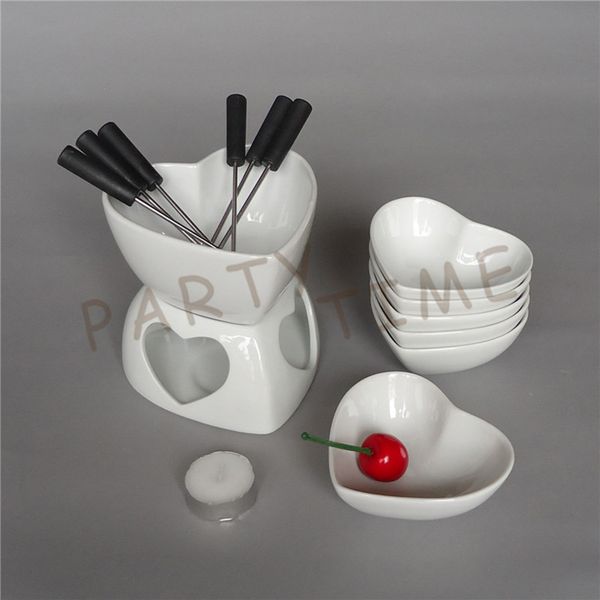 

eco-friendly ceramic chocolate fondue set heart shape cheese warmer fruit dish