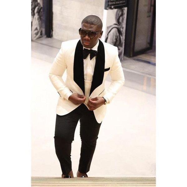 

2018 lasted coat and pants white ivory black satin shawl lapel tuxedo wedding suits for men slim fit formal prom custom blazer, White;black