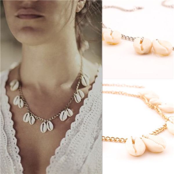 

2019 new fashion conch shell pendant necklace cowrie bead strand necklace long chain collar bohemia jewelry, Golden;silver