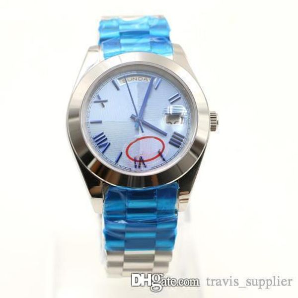 

new mens watch day date blue dial roma number sapphire cystal stainless steel men watches automatic mechanical male wristwatch ng, Slivery;brown