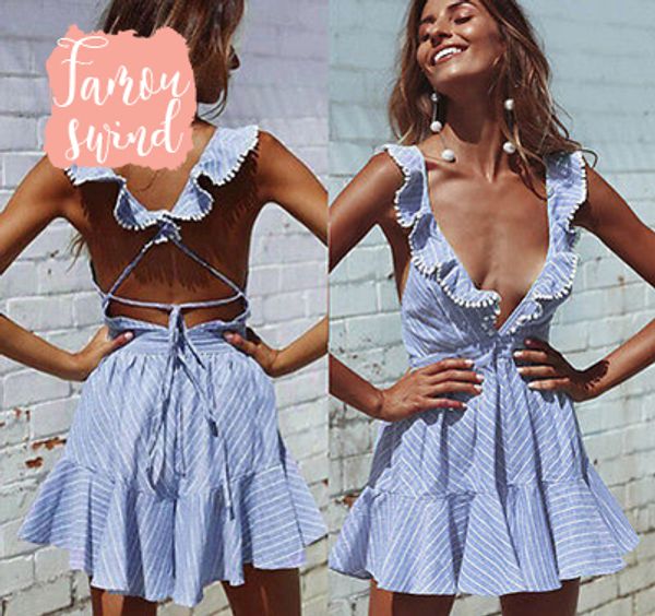 

рукавов женская одежда платья топы мини дамы лето backless полосатый глубокий v neck партии дизайнер одежды женщин, Black;gray