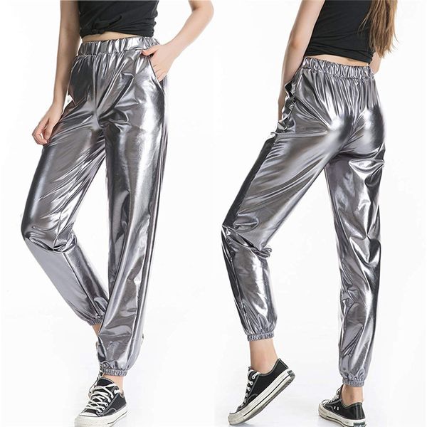 

metal shiny women harem pants club casual streetwear high waist punk jogger trousers 2020 trend dropshippinh, Black;white