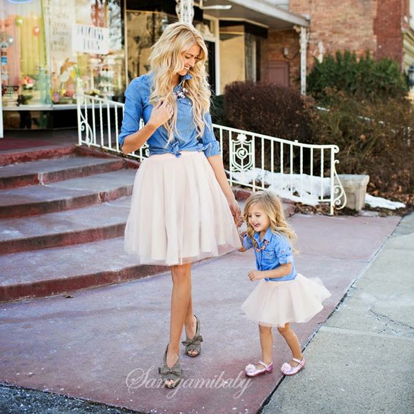 

mom baby daughter matching outfits denim shirt tutu skirt sets parent-child girls princess cowboy coat lace gauze skirt dress suit e21905, White
